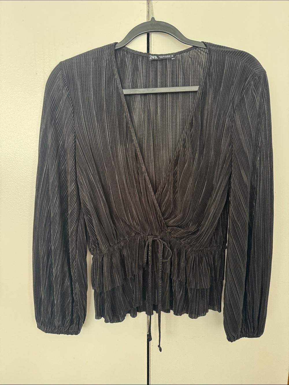 ZARA Black Pleated faux Wrap-Front Blouse with Drawstring